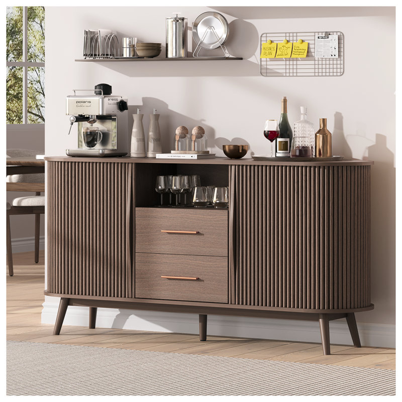 Buffet avec rangement, table de chevet moderne Mid-Century de 63 po avec portes, tiroirs et tablette, armoire cannelée avec pieds en bois massif pour la cuisine, le salon, l'entrée, le noyer