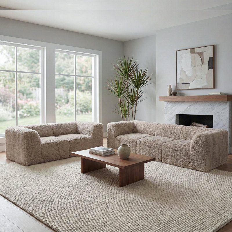 Ensemble de canapé et causeuse modulables en fausse fourrure 5 pièces Cathryn, Taupe