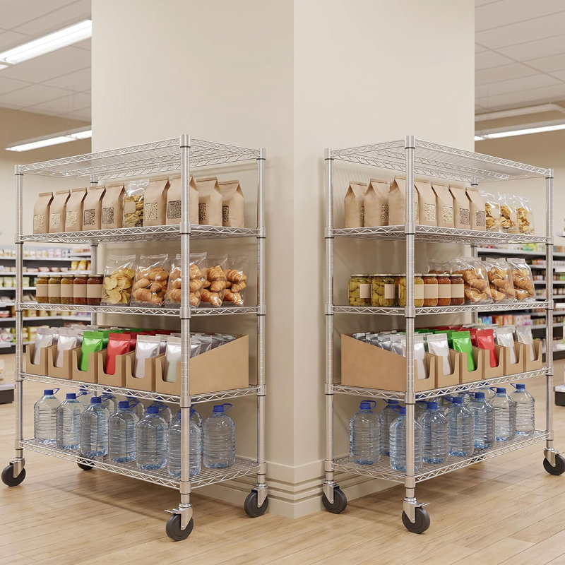 Étagère métallique à 5 niveaux sur roulettes, étagères de rangement en métal chromé, unité de rangement robuste et réglable avec roulettes verrouillables et pieds de nivellement pour garage ou cuisine