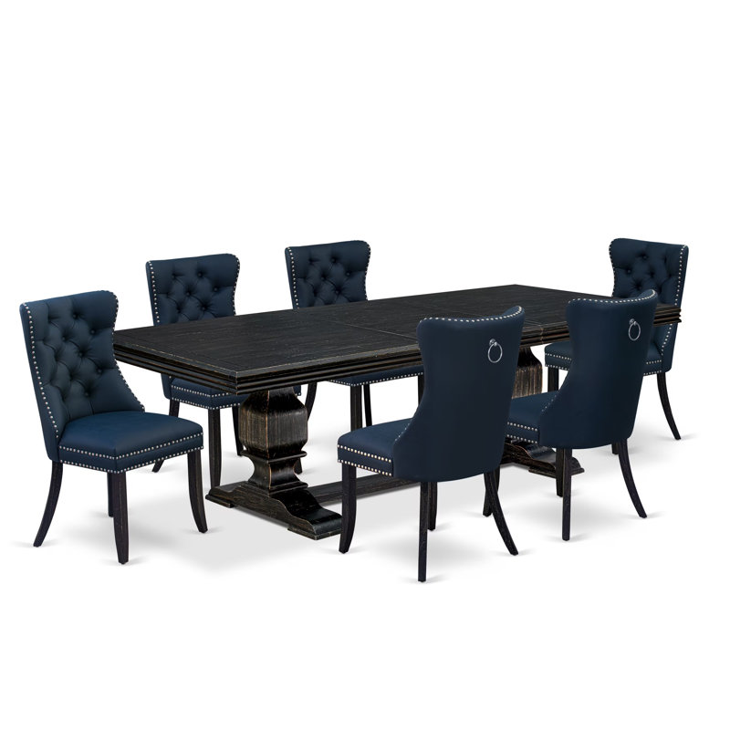 Cet ensemble de salle à manger 7 pièces comprend une table rectangulaire et 6 chaises parsons en tissu en polyester bleu marine avec dossier capitonné à boutons - finition noir sablé.