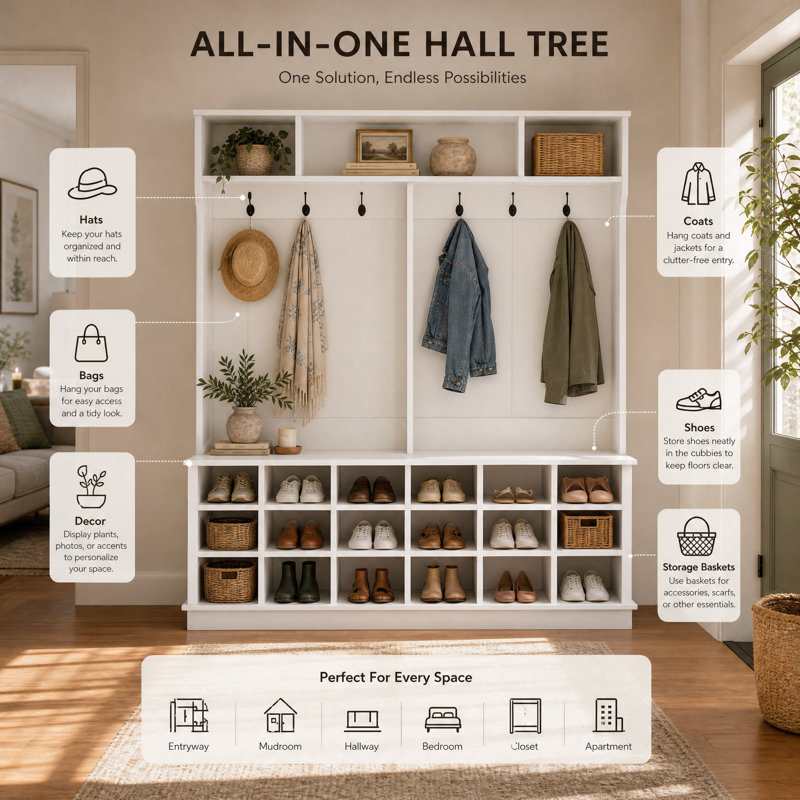 Antoinetta 63 " Wide Hall Tree with Shoe Storage and Shelves