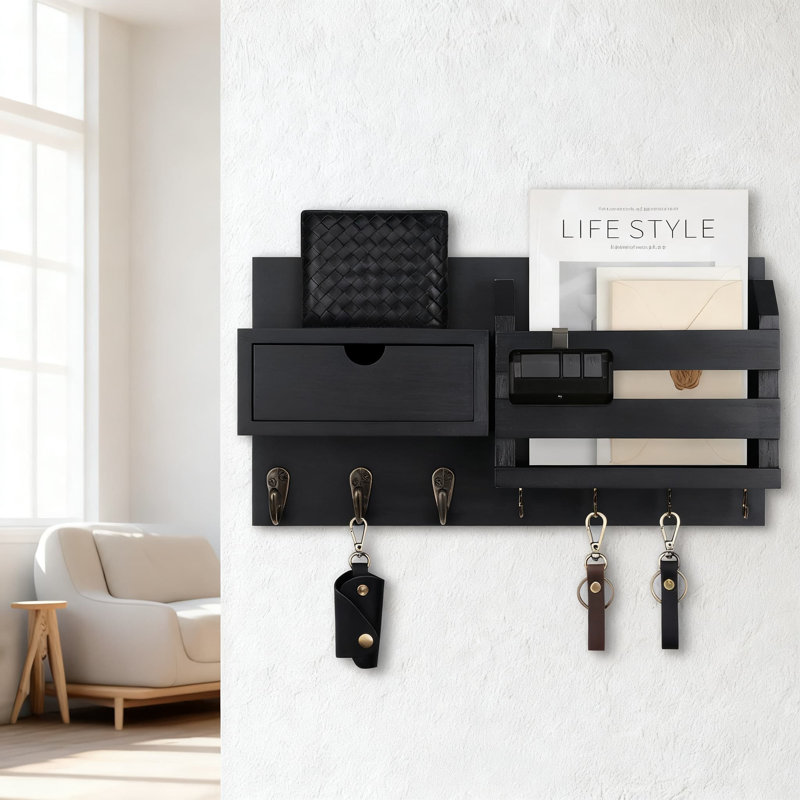 Wall Mount Key Holder With Mail Organizer And Storage Drawer, 7 Metal Hooks, Wood Entryway Organizer For Home Decor, Black