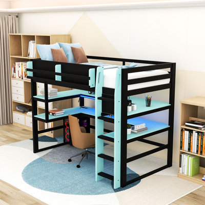 Lit mezzanine avec bureau, lumières RVB, support de rangement latéral et tablettes multiples