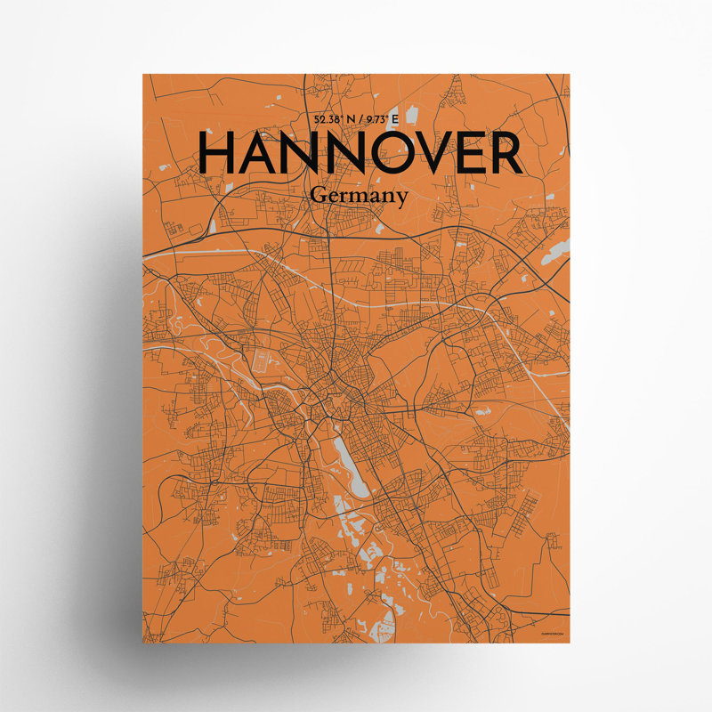 Hannover City Map in Orange 1 Piece Wall Art, 24cm H x 18cm W x 0.05cm D