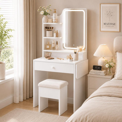 Amisted Small Makeup Vanity with LED Mirror & Outlets, Storage Drawers and 3 Shelves, Storage Stool, Bedroom