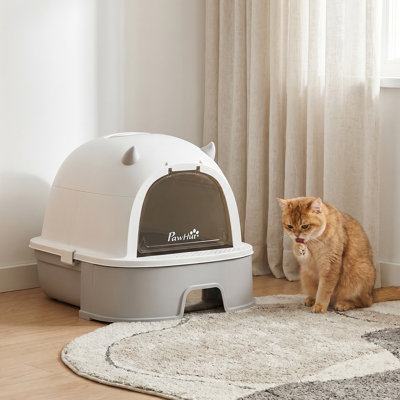 Bac à litière en acier inoxydable pour chat, grand modèle avec couvercle amovible, pelle et filtres à charbon pour chats de taille moyenne, facile à nettoyer, étanche et sans odeur, gris.