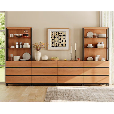 Modern Farmhouse Pantry Cabinet With 18 Drawers, Freestanding Kitchen Storage Organizer With 3-Tier Shelves And Black Metal Legs, Wooden Dining Room Sideboard