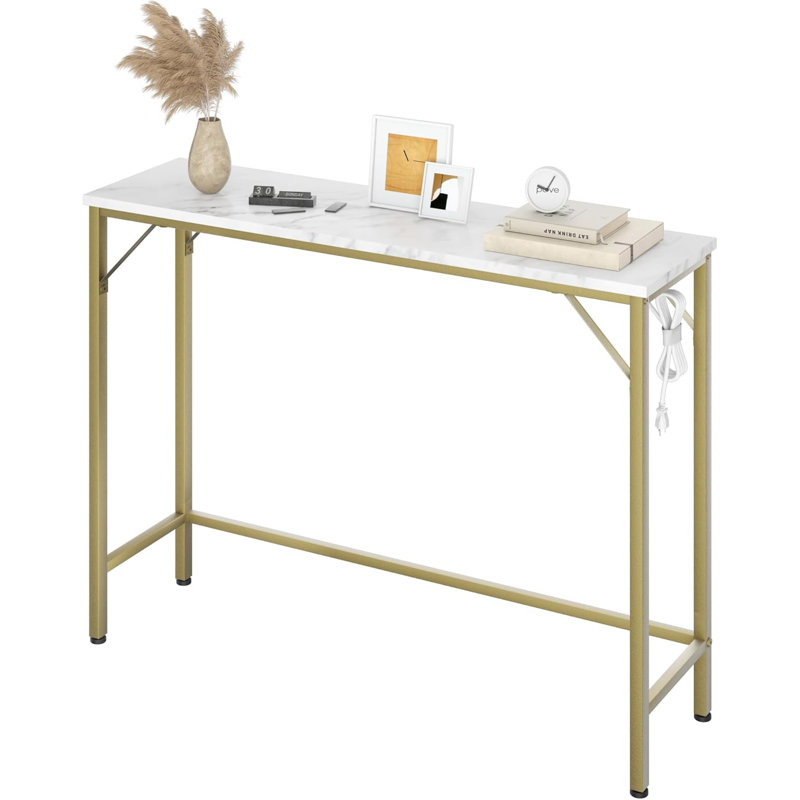 Narrow Console Table With Charging Station, Gold & White Sofa Table For Living Room, Behind Couch Table With 2 Outlets & 2 USB Ports, Entryway Hallway Table