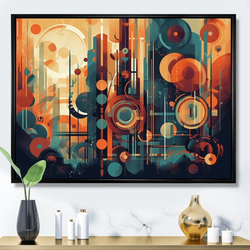 Braxtyn orange et bleu abstrait nostalgie II - art abstrait Mid-Century, H 12 po x l 20 po x P 1 po, Cadre flottant noir