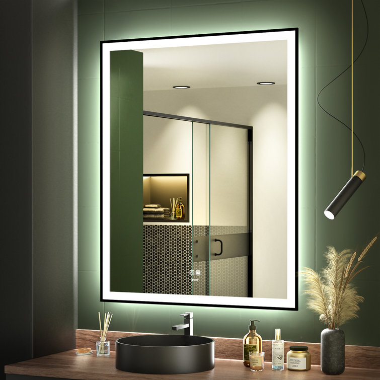 Ugle tyngdekraft våben Orren Ellis LED Black Framed Bathroom Vanity Mirror, Illuminated Dimmable  Anti Fog Makeup Mirror, 3 Color Light & Reviews | Wayfair