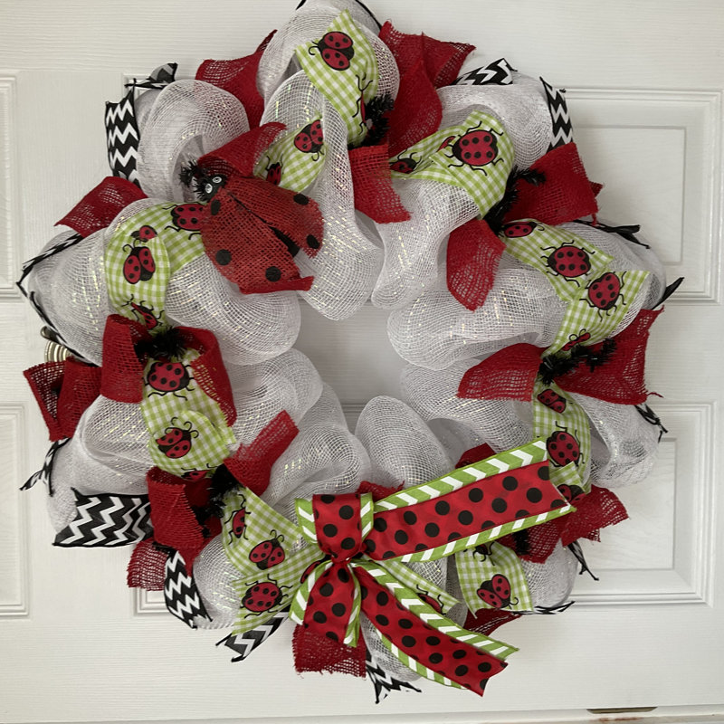 Ladybug Spring Wreath 24 inches Indoor/Outdoor Handmade Deco Mesh
