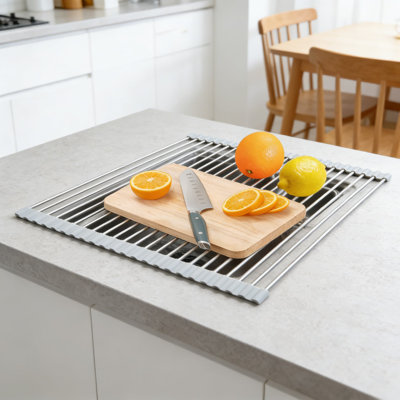 Foldable Over The Sink Dish Drying Rack, Stainless Steel Roll Up Dish Drainer For Counter Space Saving, Multi-Purpose Kitchen Sink Organizer
