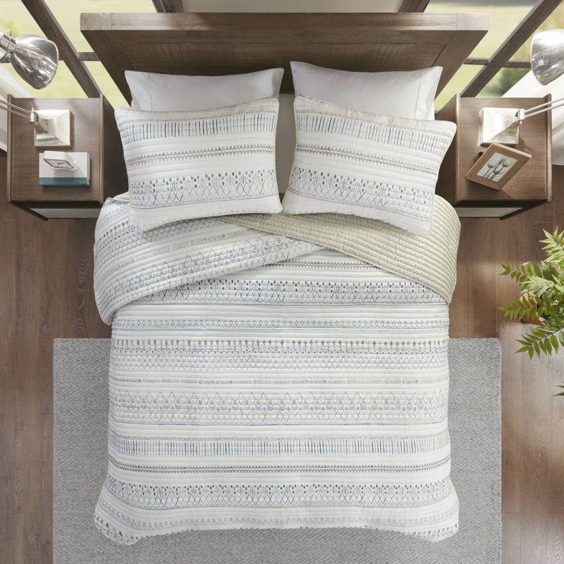 Ensemble de courtepointe en microfibre imprimé 3 pièces taupe / bleu double / grand