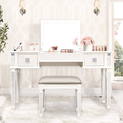 Modern Mirrored Dressing Table - Bedroom Vanity With Stool Large Storage Space For Cosmetics In Makeup Smooth-Gliding Drawers Effortless