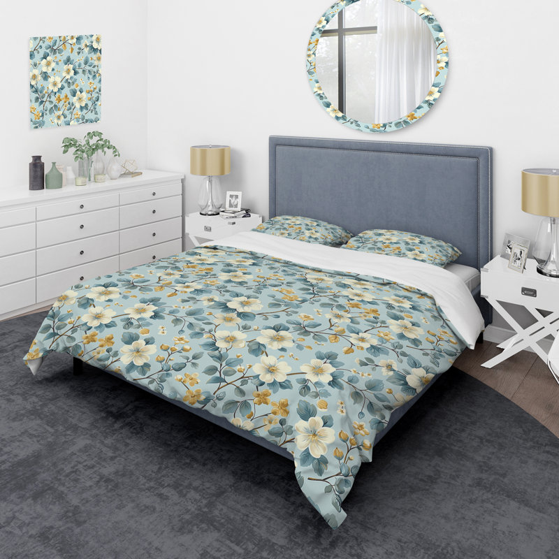 Blue Gold Floral Gardens I - Ensemble de housse de couette transitionnel, Housse de couette pour grand lit + 2 taies décora