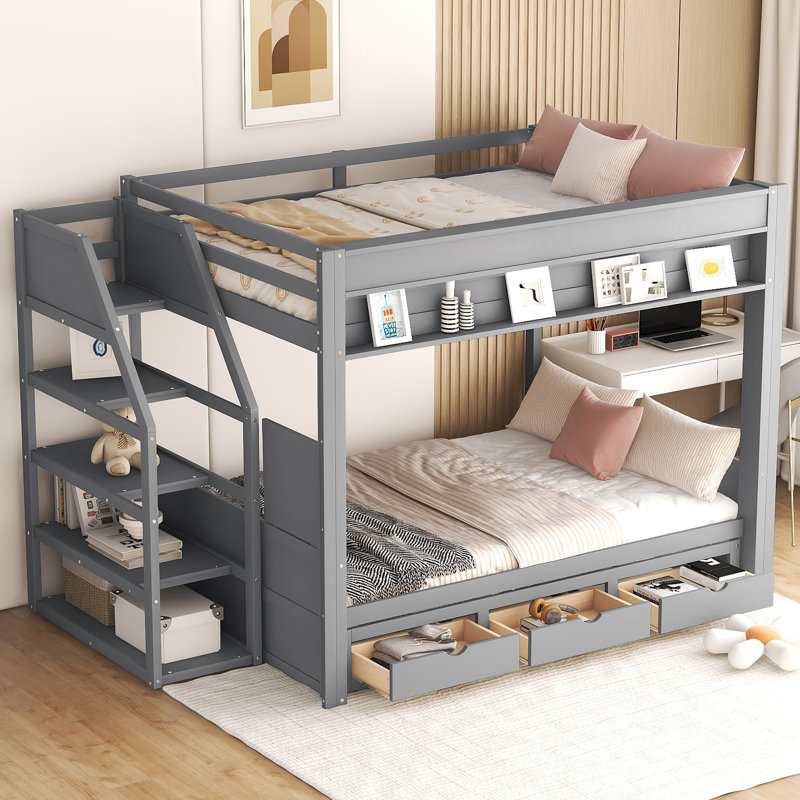 Lit superposé convertible en bois avec escalier de rangement, table de chevet et 3 tiroirs
