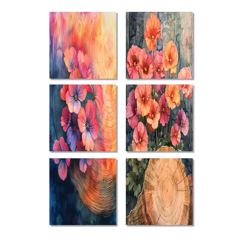 Geraniums Garden At The Wood Slide - ensemble de 6 reproductions d'art sur toile florales, Toile tendue, Ne s’applique pas