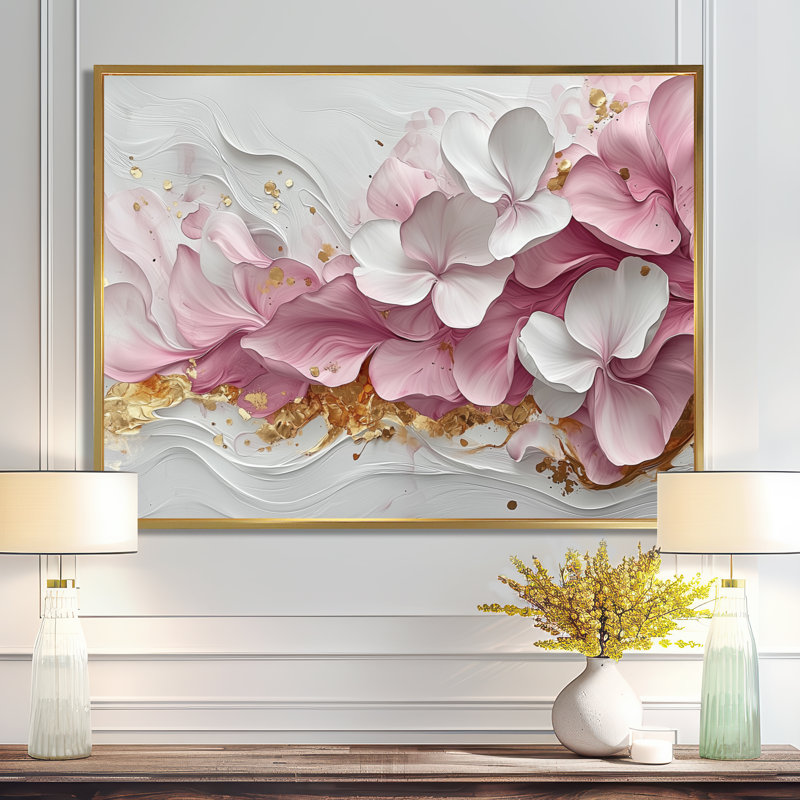 Or rose élégant veines de pétales de fleurs - art abstrait fleurs murales, Impression encadrée flottante sans passe-partout