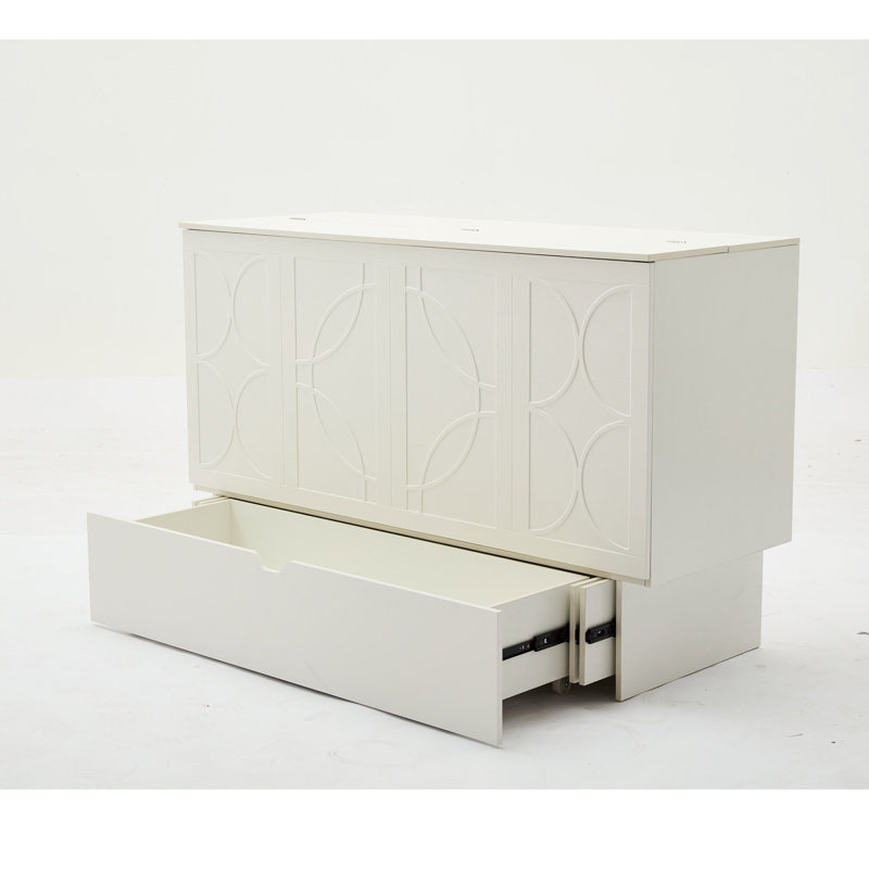 Armoire avec rangement, grand lit, matelas en mousse pliable et tiroirs surdimensionnés, lit, ensemble de prises et ports USB, lit pliant peu encombrant, blanc