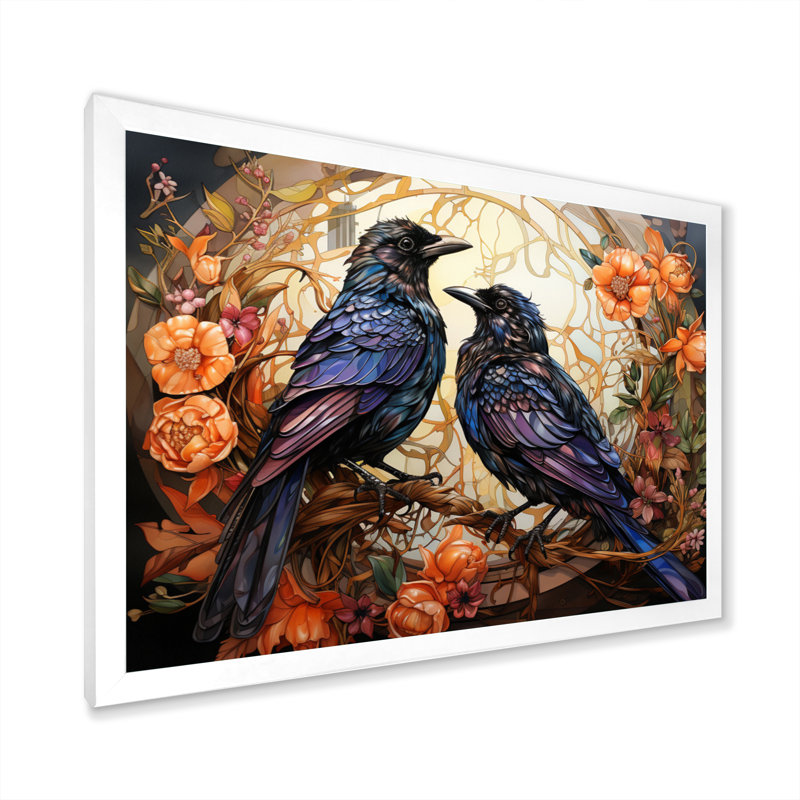 Corbeau enchanté monarques sur toile, H 24 po x l 32 po x P 1 po, Cadre simple blanc