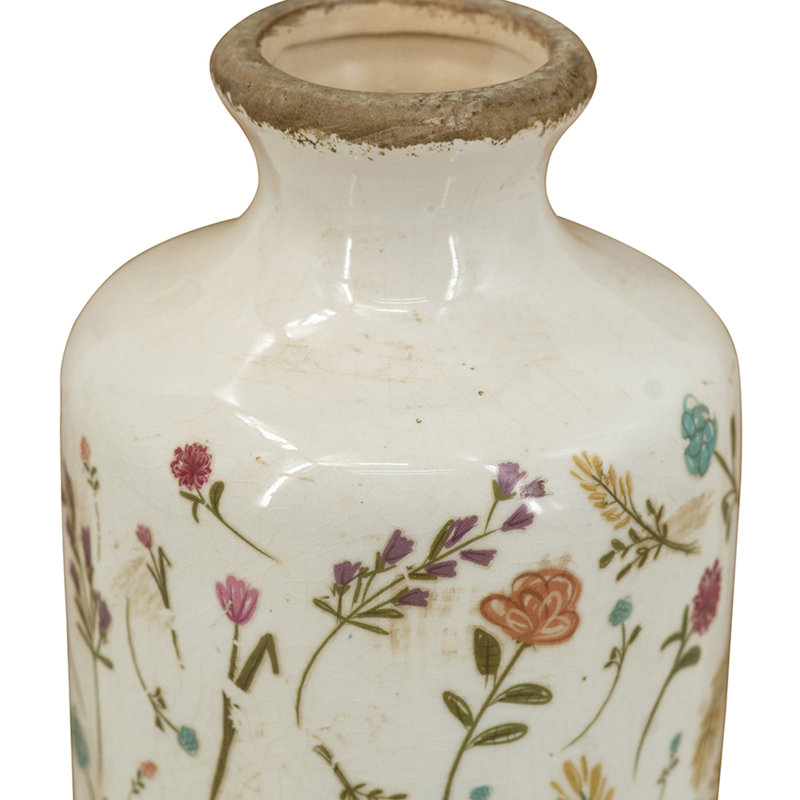 D4.3x8.3" Ceramic Cylinder Vase with Multi-Colored Floral Motifs, 8.3" H x 4.3" W x 4.3" D
