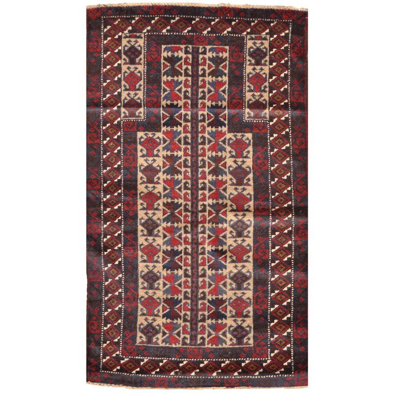 Tapis de zone en laine rouge/beige 2 pi 8 po x 4 pi 7 po one-of-kind à la main noué la balouchi Baurzhan