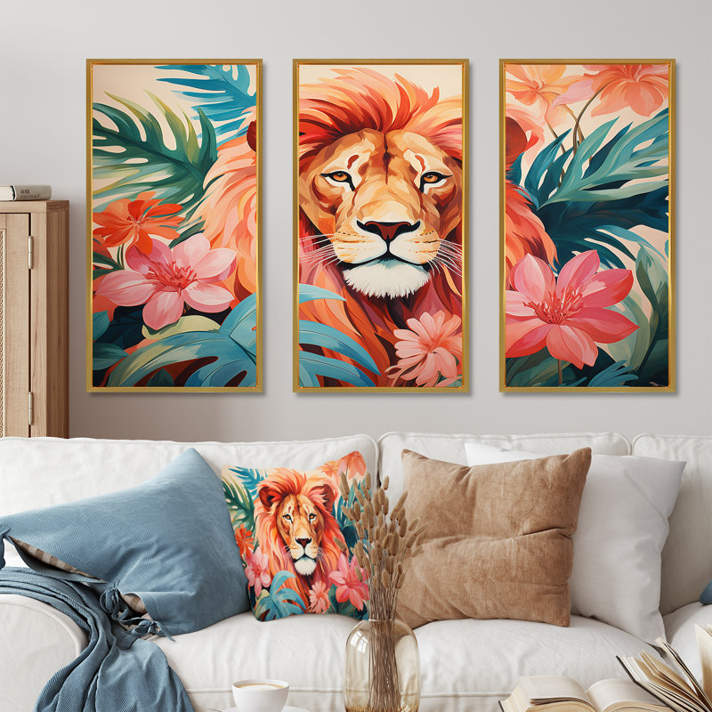 Décoration murale lion rose et vert en forêt II - Lion, Cadre flottant doré, H 32 po x l 48 po
