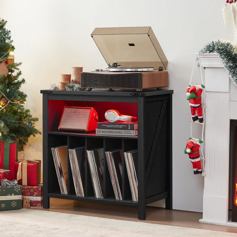 Large Record Player Stand With Charging Station & LED Lights, Black