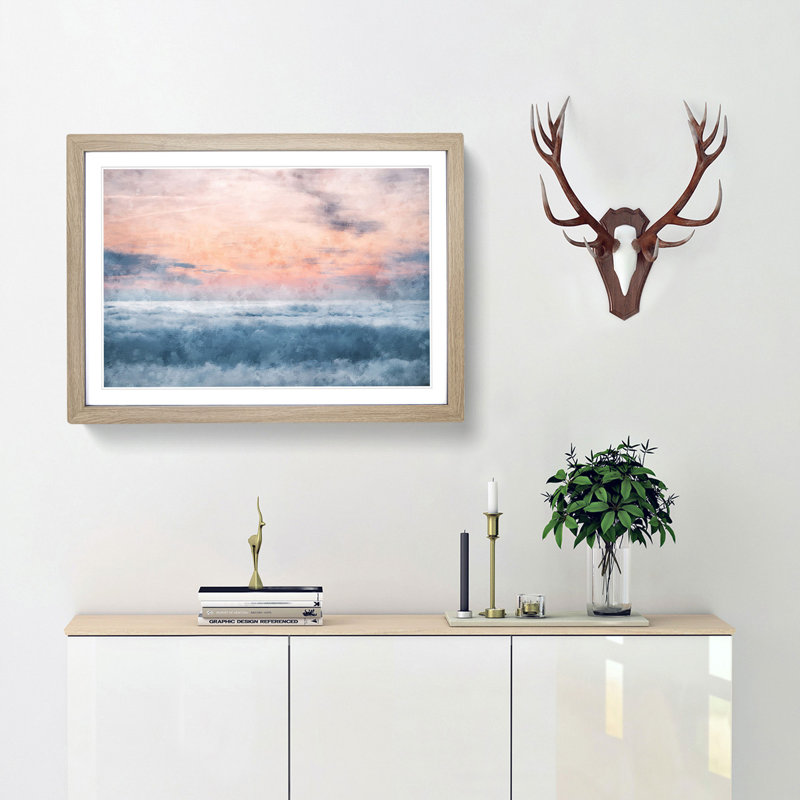 Sea and Clouds in Blue and Pink - Picture Frame Painting Print, Oak Framed, 45cm H x 63cm W x 2cm D