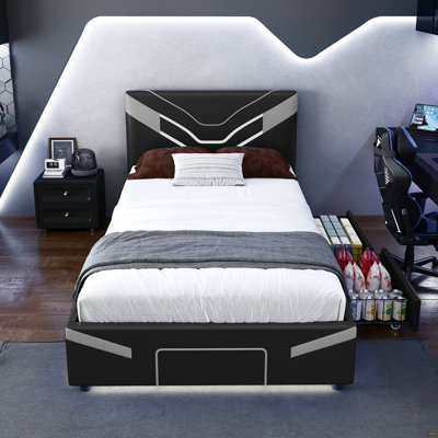 Structure de lit simple rembourrée avec lumières DEL, lit plateforme en cuir PU avec tablette de rangement, 2 tiroirs en acier, gris