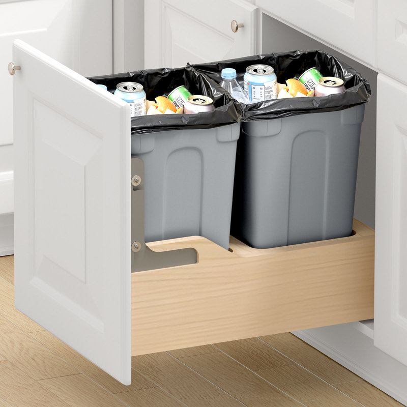 Wood Pullout Trash Can for Kitchen Cabinets, 35 QT x2 Double Under Sink Garbage Waste Recycling Bin, Under Mount Waste Container, Featuring Heavy-Duty Metal Soft Close Sliding System and Door Kit