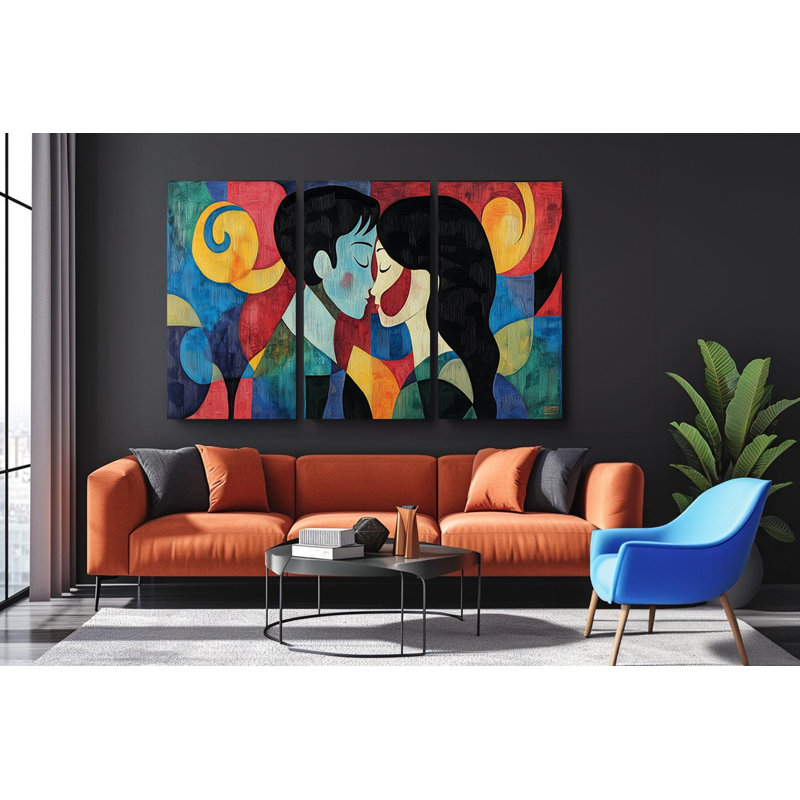 Triptych Canvas Wall Art – Geometric Kiss Triptych Wall Art Set - Colorful Abstract Canvas for Romantic Home Decor - Vibrant Love Artwork