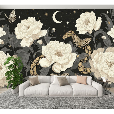 Papier peint adhésif pelez et collez, motif botanique foncé, pivoines, serpents, lune, papier peint, H 100 po x l 144 po, papier mural amovible en PVC, autocollant, pour chambre à coucher, bureau à domicile