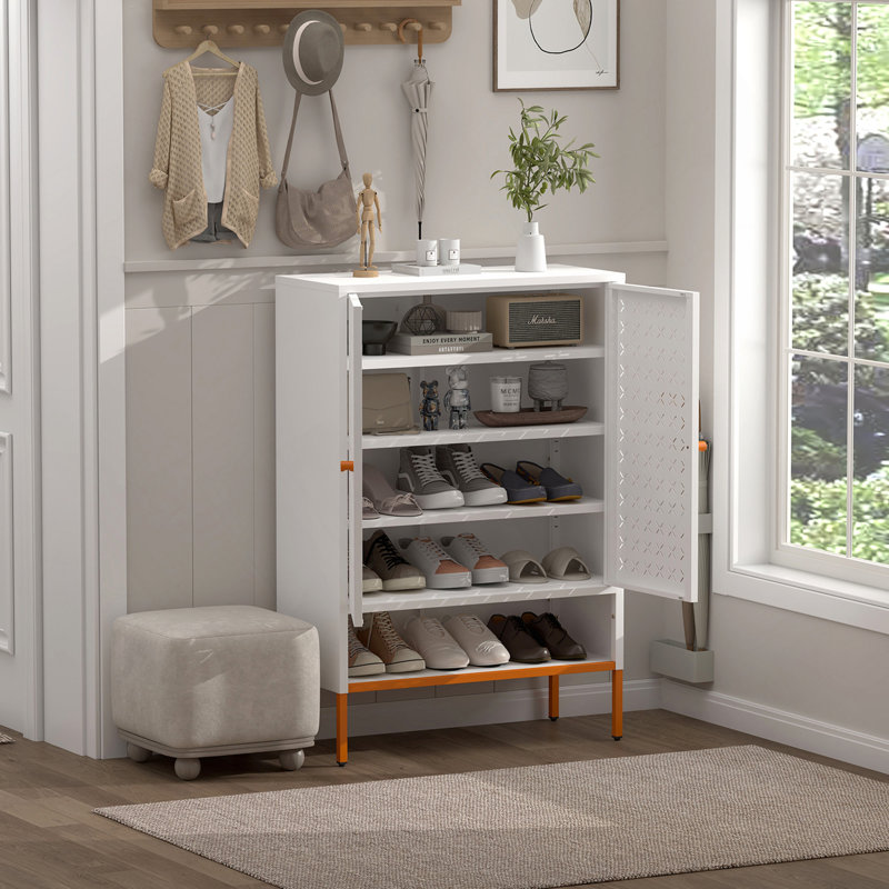 Armoire à chaussures à double porte Grid, trois compartiments réglables pour un rangement flexible, compartiment à langer creux suspendu, conception inférieure à 15 cm résistante à l'humidité