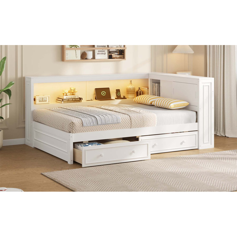 Lit de jour en bois pleine grandeur avec tablettes de rangement, USB, DEL et 2 tiroirs, blanc, White