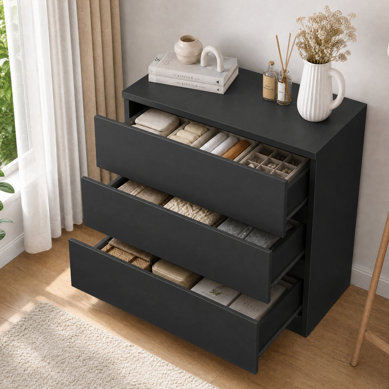 Commode moderne à 3 tiroirs pour chambre à coucher, commode de rangement avec tiroirs profonds pour le salon, la chambre à coucher, le couloir et l'entrée, noir