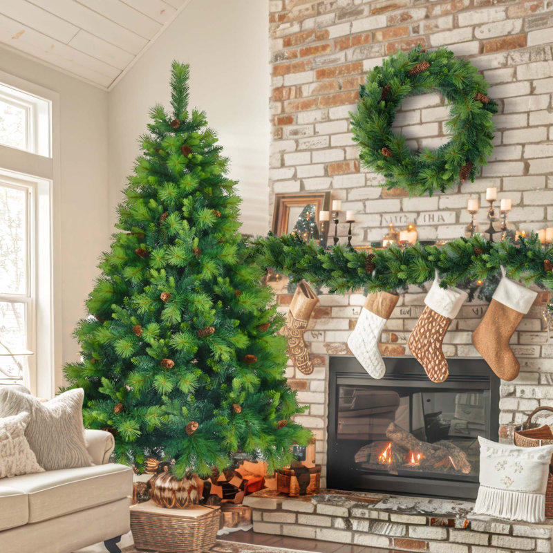 Arbre de Noël artificiel à grandes branches 6 pi vert avec branches de pin, ensemble illuminé avec arbre, guirlande et couronne