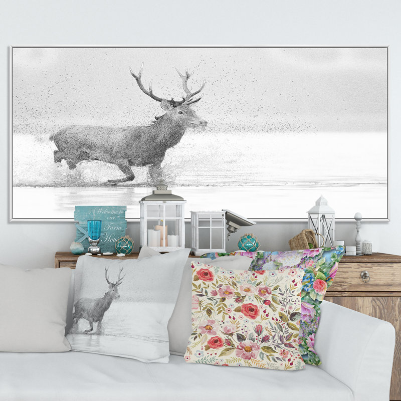 Dessin d'un cerf noir et blanc II - photographie sur toile, H 16 po x l 32 po x P 1 po, Cadre blanc