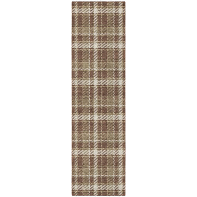 8' Runner Chocolate and Ivory Plaid Washable Non Skid Indoor Outdoor Runner Rug