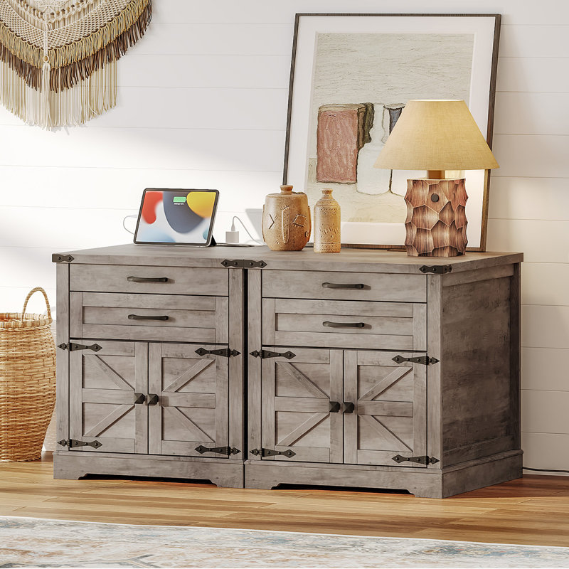 Farmhouse End Table 23.6'' Sofa Side Table with 2 Drawers and Barn Door, Gray