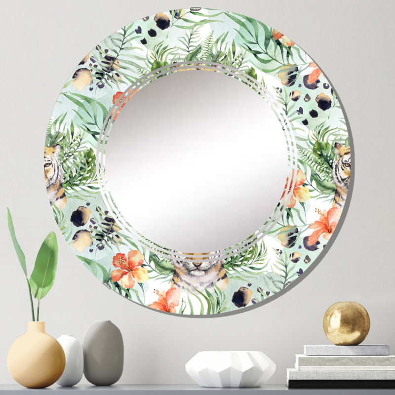 Motif de tigre avec tigres et feuilles tropicales - Miroir mural à motif rond, 24 po x 24 po