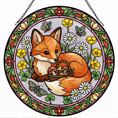 Fox Basket Stained Glass Window Panel，12"H