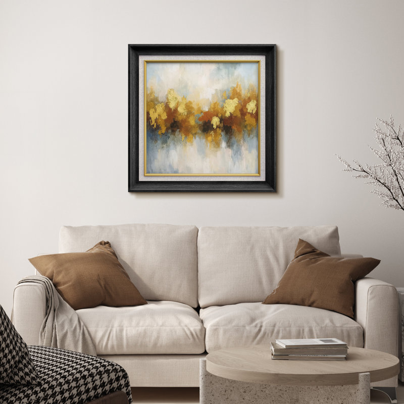 «Golden Autumn Abstract with Reflective Center», reproduction d'art encadrée sur papier, H 26 po x l 26 po x P 1,5 po