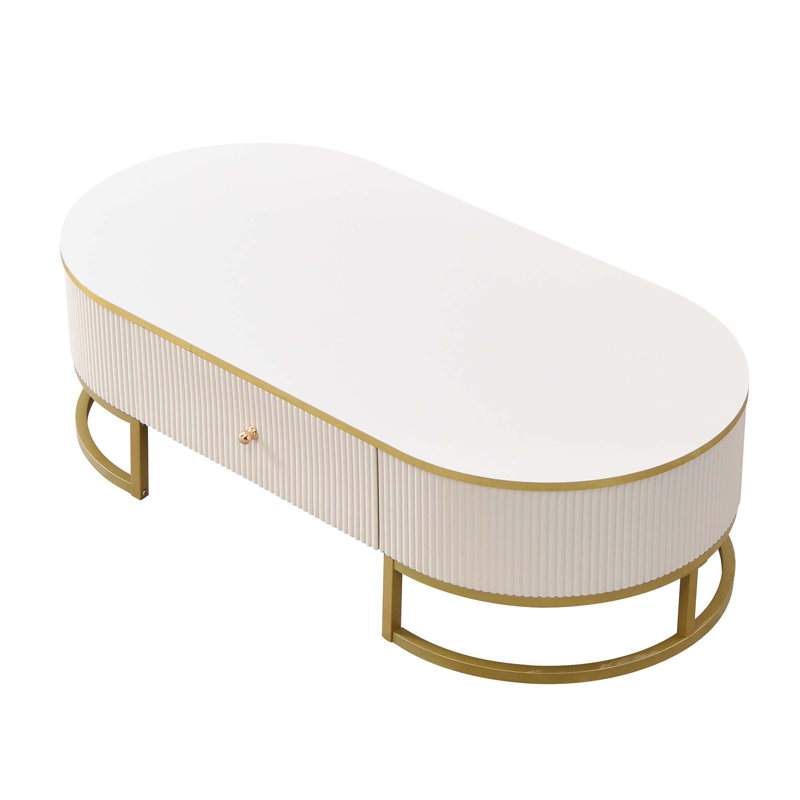 Table basse moderne ovale avec tiroirs, conception à profil incurvé, décor en métal doré, table centrale pour le salon