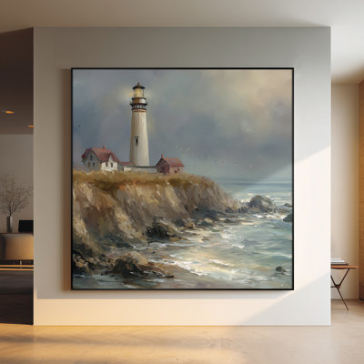 Extra Large Wall Art Fabric Print - Coastal Lighthouse Scene with Ocean Waves Cliffs and Moody Seaside Atmosphere for Living Room or Bedroom - "Frame Assembly Required (Unfinished Frame)"