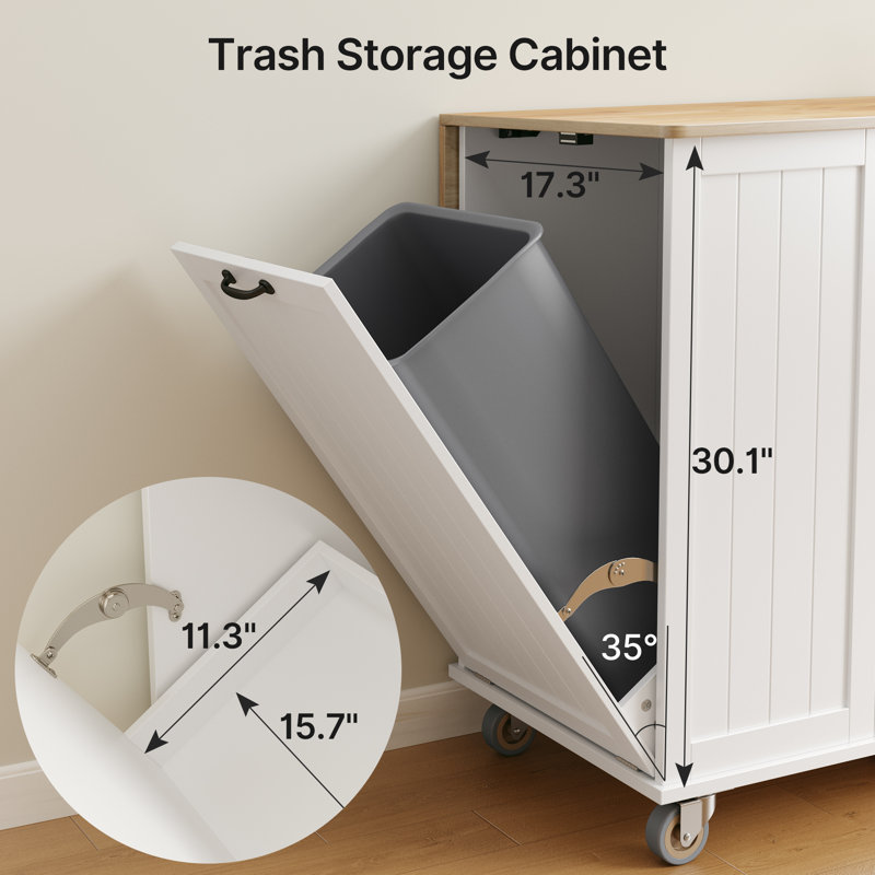 Tilt-Out Trash Bin Compartment Kitchen Island with Solid Wood Top, Drop-Leaf, Towel Rack, Faux Refrigerator Cabinet, Drawer & Locking  Wheels