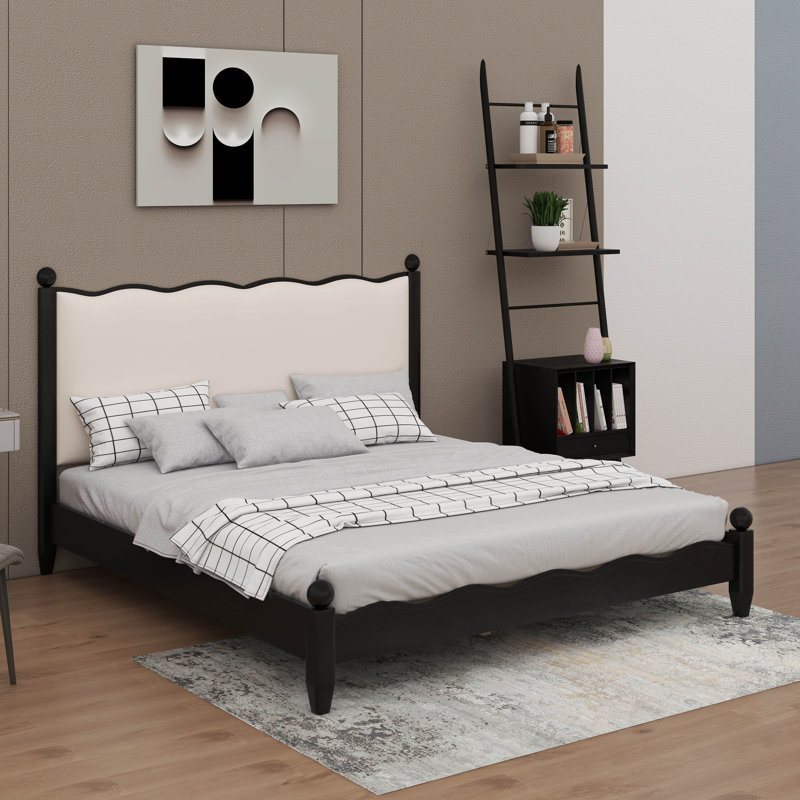 Lit plateforme en bois avec tête de lit tapissier en lin, support en lattes de bois, Queen, Black/Beige