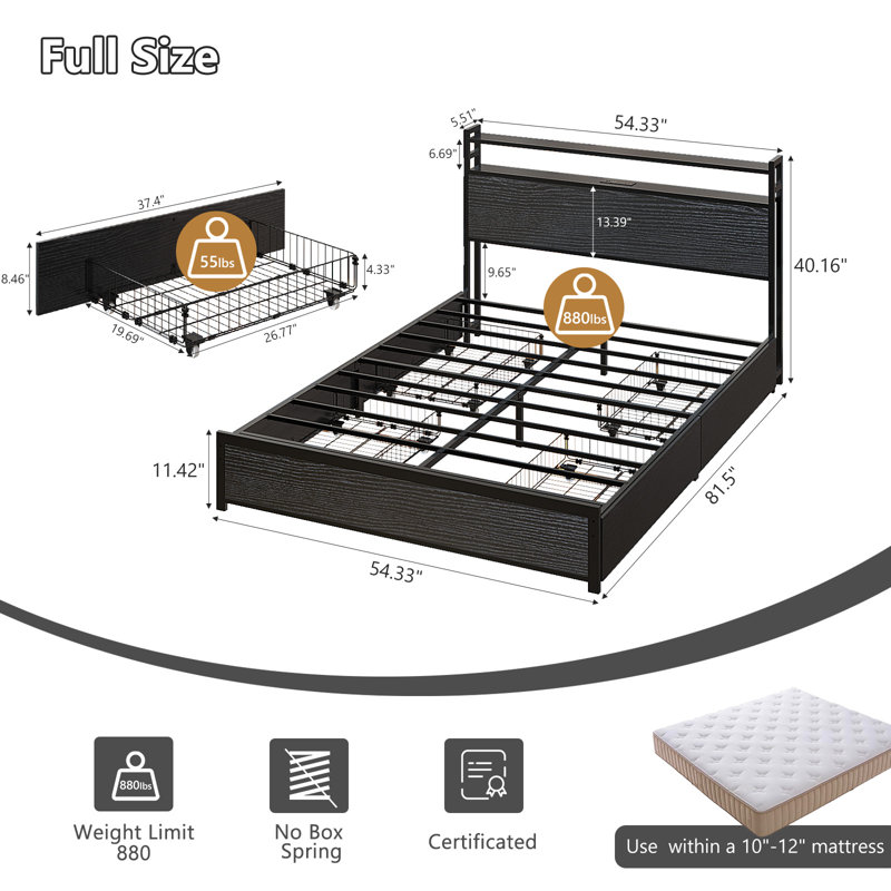 Bed Frame With 2-Tier Storage Headboard, Metal Platform Bed Frame With 4 Storage Drawers, Built In Charging Station And LED, Metal Support/No Box Spring Needed, Black