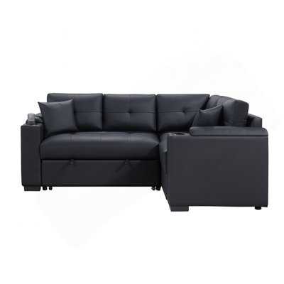 PVC Fabric Sleeper Sectional With USB Charger And Storage Arms, Black