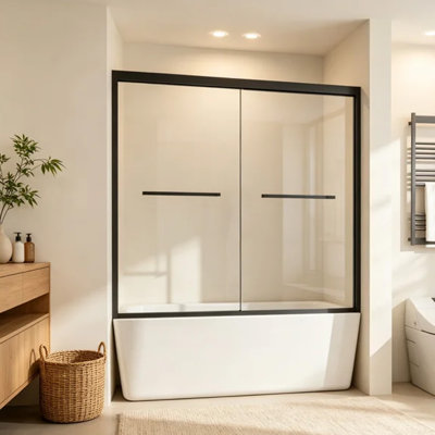 Porte de douche à double battant 152 cm (L) x 147 cm (H), cabine de douche avec cadre en aluminium noir mat, porte de douche en verre trempé transparent SGCC de 6 mm avec quincaillerie en acier inoxydable, ouverture réversible gauche/droite, verre anti-explosion pour salle de bain